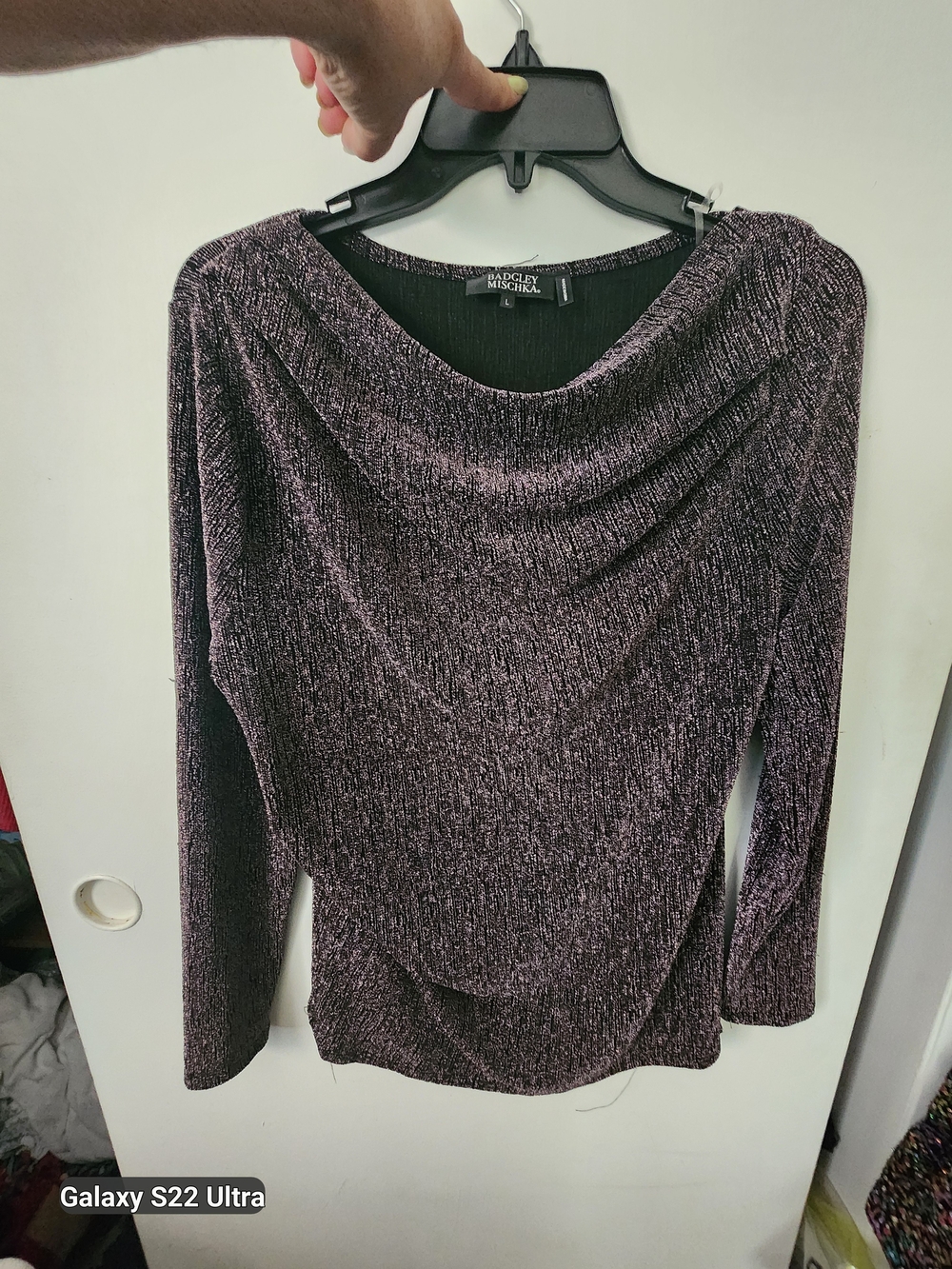 Badgley Mischka Plum Metallic Cowl Neck Sweater